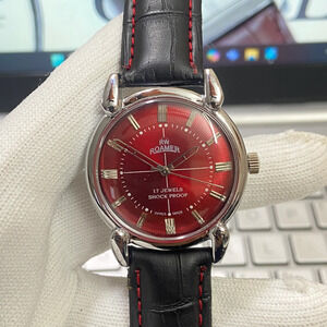 Vintage 1983 Roamer Manual Mens Silver Watch W/Leather Strap & Red accents